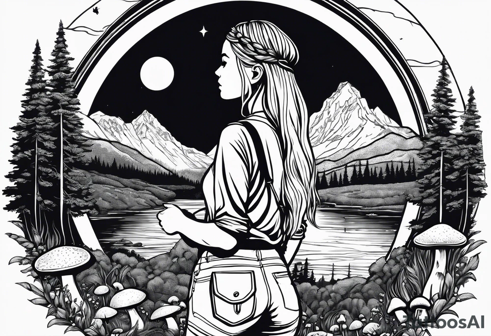 Whole picture encircled fully

Straight long blonde hair hippie girl in distance holding mushrooms in hand facing away toward mountains and creek surrounded by mushrooms long sleeve shirt and hiking pants; whole rendering within a full circle, no cut off circle tattoo idea