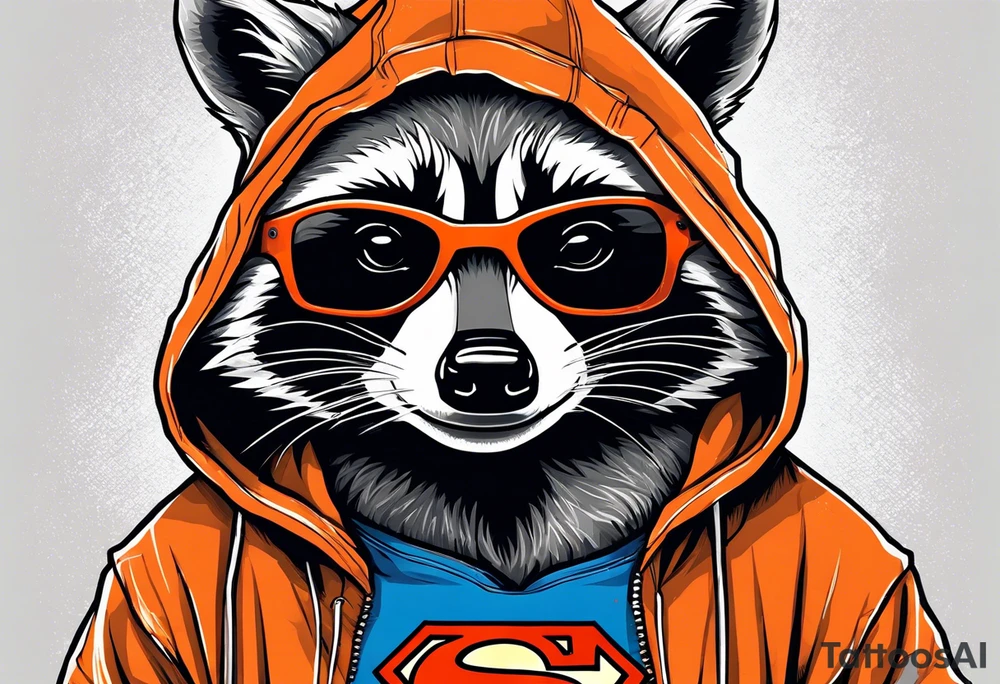 Raccoon wearing an orange Superman hoodie tattoo idea
