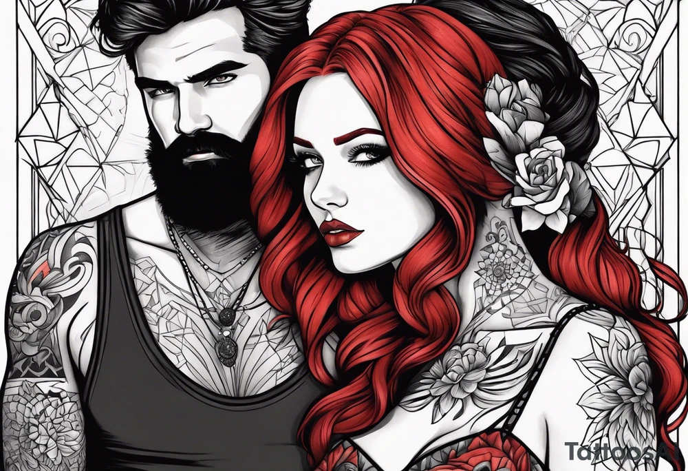 Busty Red haired woman with black haired bearded man tattoo idea
