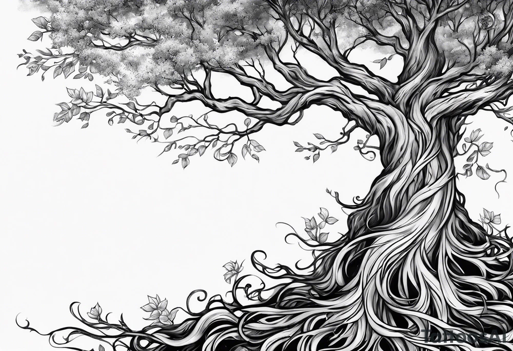 Full arm sleeve tatto with a tree with roots, the last name blanco, and a pheonix rising above the tree and the name blanco tattoo idea