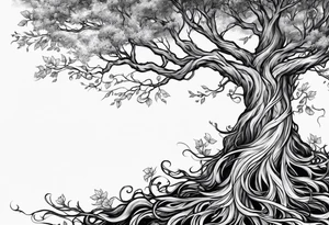 Full arm sleeve tatto with a tree with roots, the last name blanco, and a pheonix rising above the tree and the name blanco tattoo idea