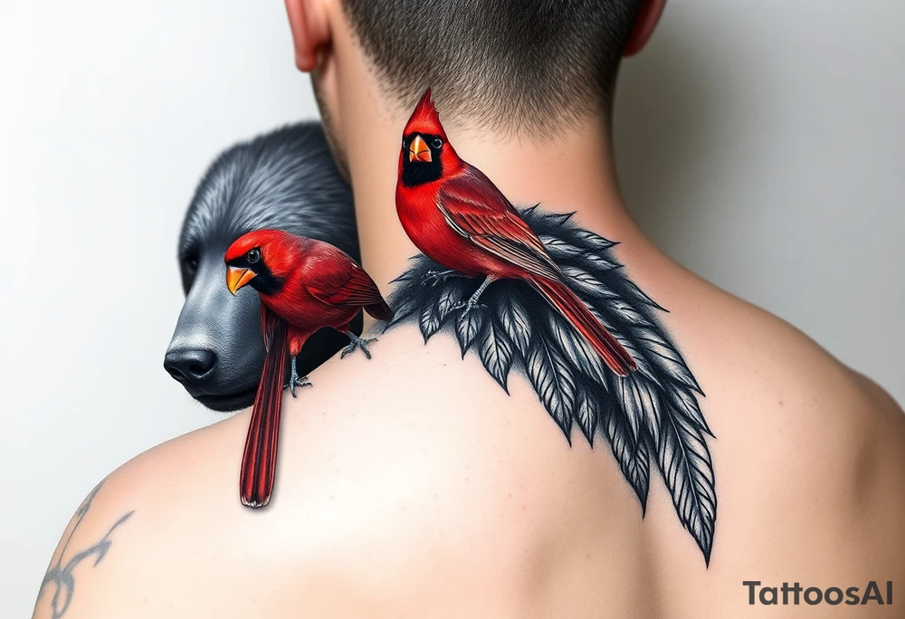 Realistic bright red cardinal perched on the shoulder of a realistic black bear. tattoo idea
