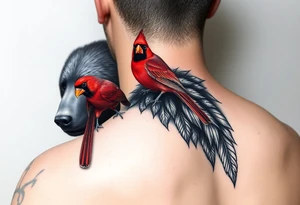 Realistic bright red cardinal perched on the shoulder of a realistic black bear. tattoo idea