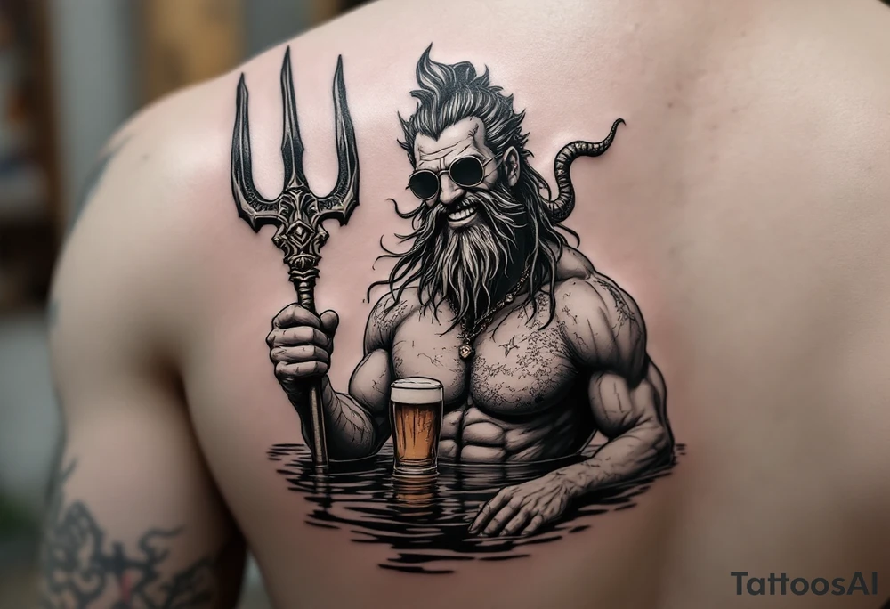 smiling, fit poseidon, with a trident, in calm water, holding a beer, with sunglasses tattoo idea