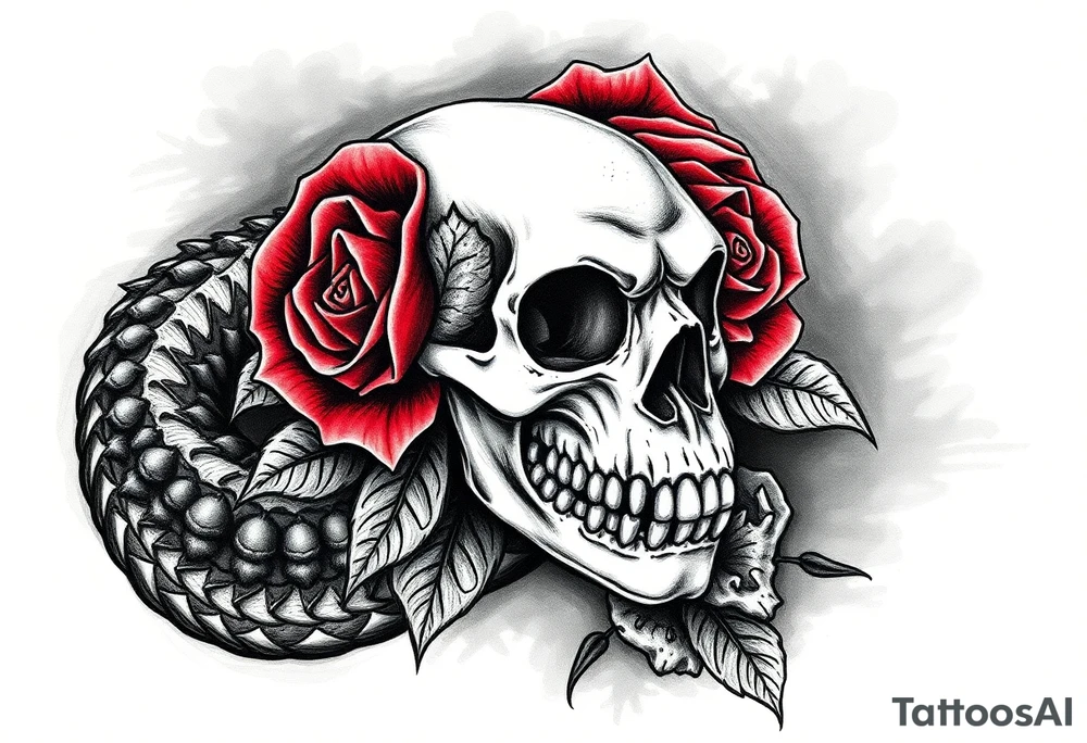 the Tudor rose at the center, all crimson petals edged in black velvet thorns, blooming right out of the skull’s eye socket like it’s growing from his bones. The skull’s grinning, but soft—like he’s in on the joke. And the alligator? He’s coiled around the whole thing, tail curling under the jaw, jaws open just enough to show teeth that look... almost tender. Like he’s protecting it. Or about to eat it.
Maybe a little mist, some ivy creeping up the spine of the rose. Dark greens, deep reds, charcoal shadows. No brights—just that old, heavy velvet feeling. tattoo idea