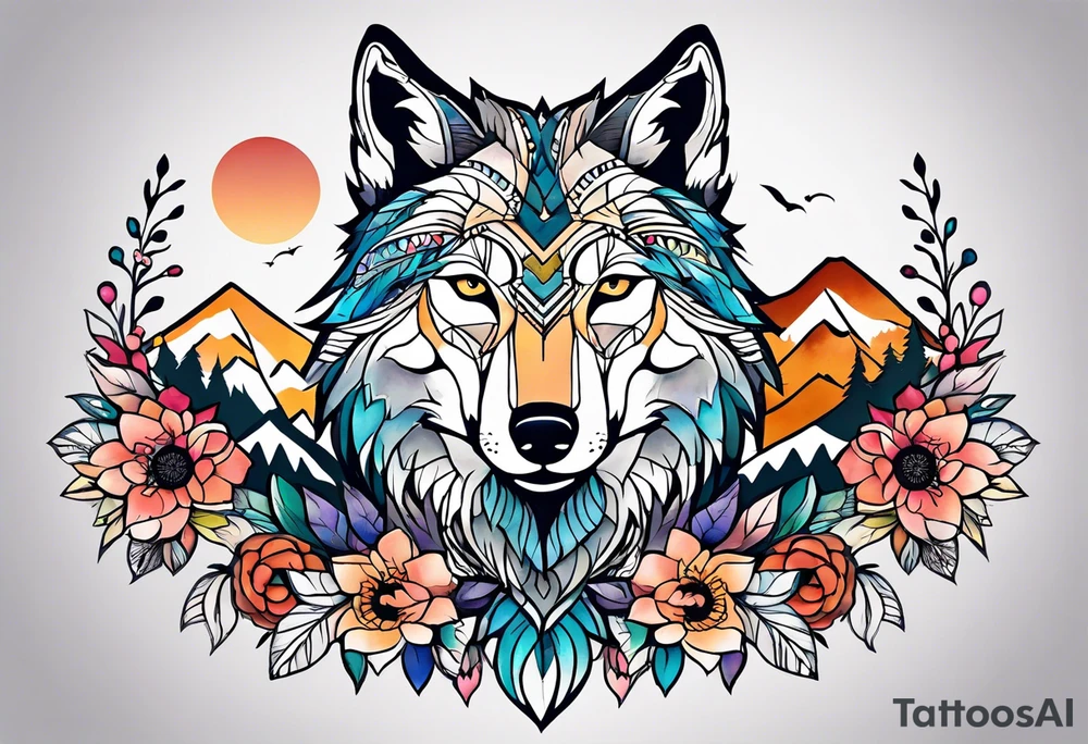 A whimsical wolf tattoo featuring mandala or dream catcher elements, with the wolf as the central focus. Show the wolves whole body standing surrounded by mountains in the background. Include flowers and nature elements to fill the space around the wolf. Some color but not completely solid bold color tattoo idea