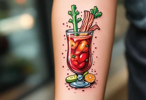 Bloody Mary Brunch – A tall glass with deep red tomato juice, celery stalk, pickle, and bacon strip garnish. All drawn in high color saturation and bold outlines. tattoo idea