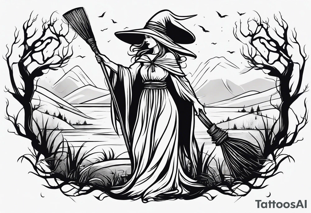 Slavic swamp witch with a broom creepy tattoo idea