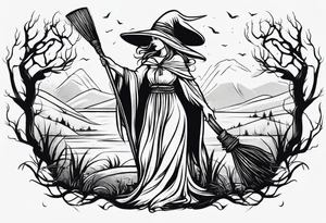 Slavic swamp witch with a broom creepy tattoo idea