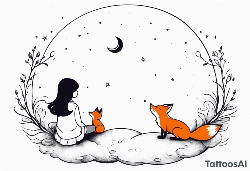 A little girl and a fox looking at the moon, sitting on a cloud we see them from behind tattoo idea
