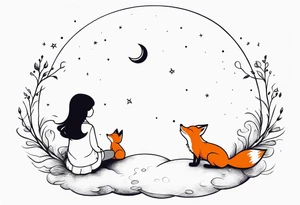 A little girl and a fox looking at the moon, sitting on a cloud we see them from behind tattoo idea