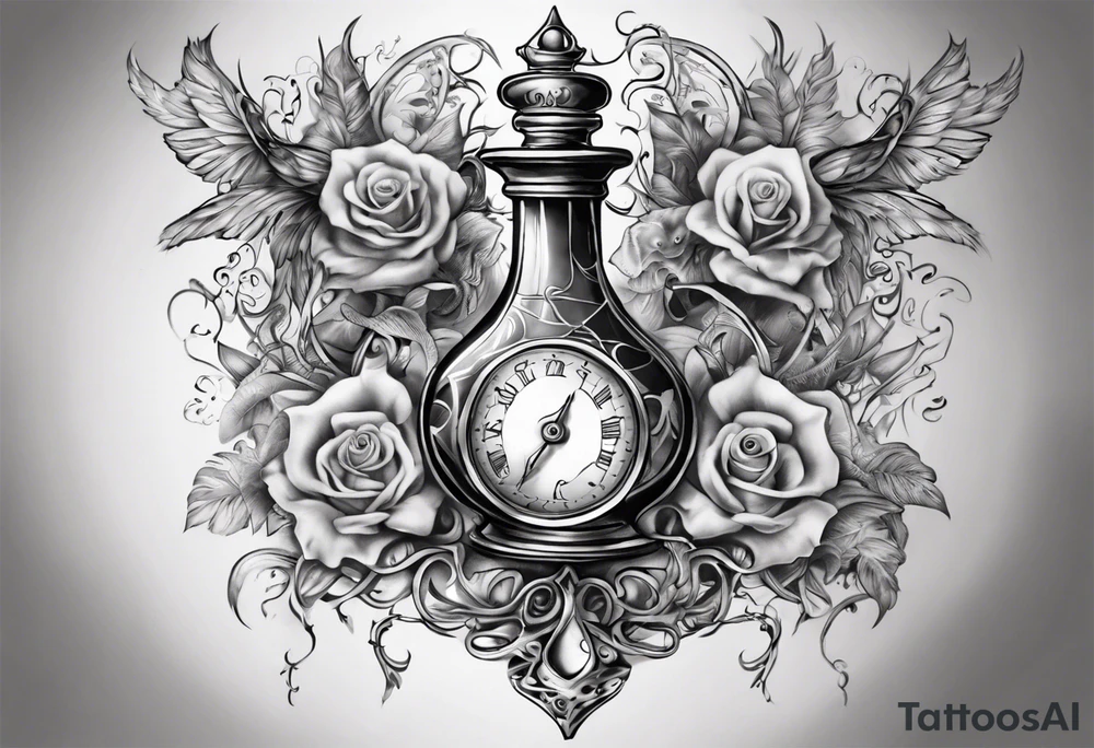 lots of filagree on the chest going onto the shoulder. include an hour glass tattoo idea