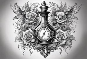 lots of filagree on the chest going onto the shoulder.  include an hour glass tattoo idea