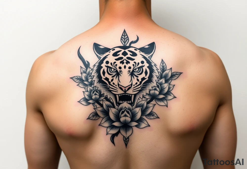 fierce tiger emerging through blooming lotus flowers in mist tattoo idea