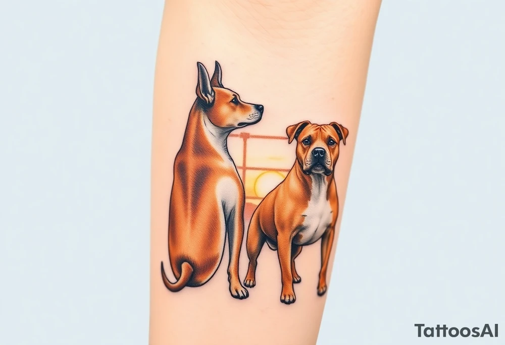 a meryle australian cattle dog and a tan pitbull standing looking out over into the sunset tattoo idea