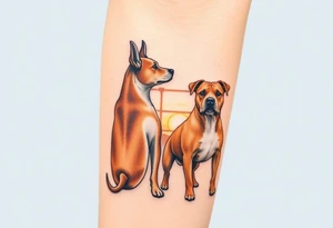 a meryle australian cattle dog and a tan pitbull standing looking out over into the sunset tattoo idea