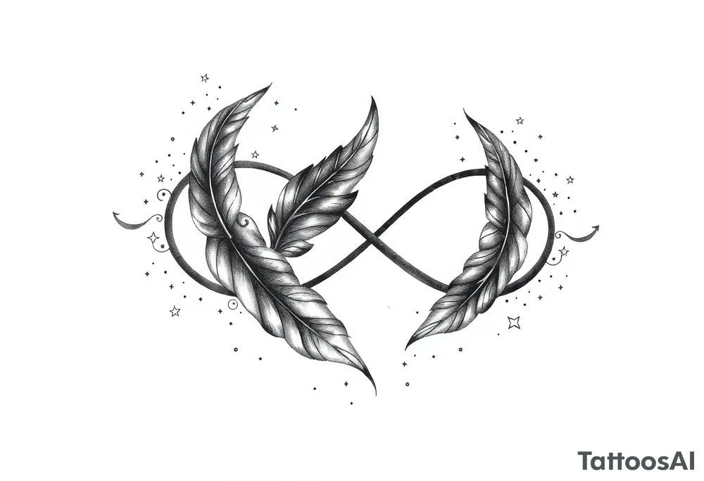 infinity symbol woven with floating feathers and stardust tattoo idea