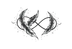 infinity symbol woven with floating feathers and stardust tattoo idea