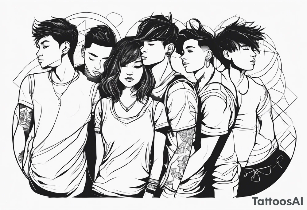 4 boys 1 girl outline tattoo idea