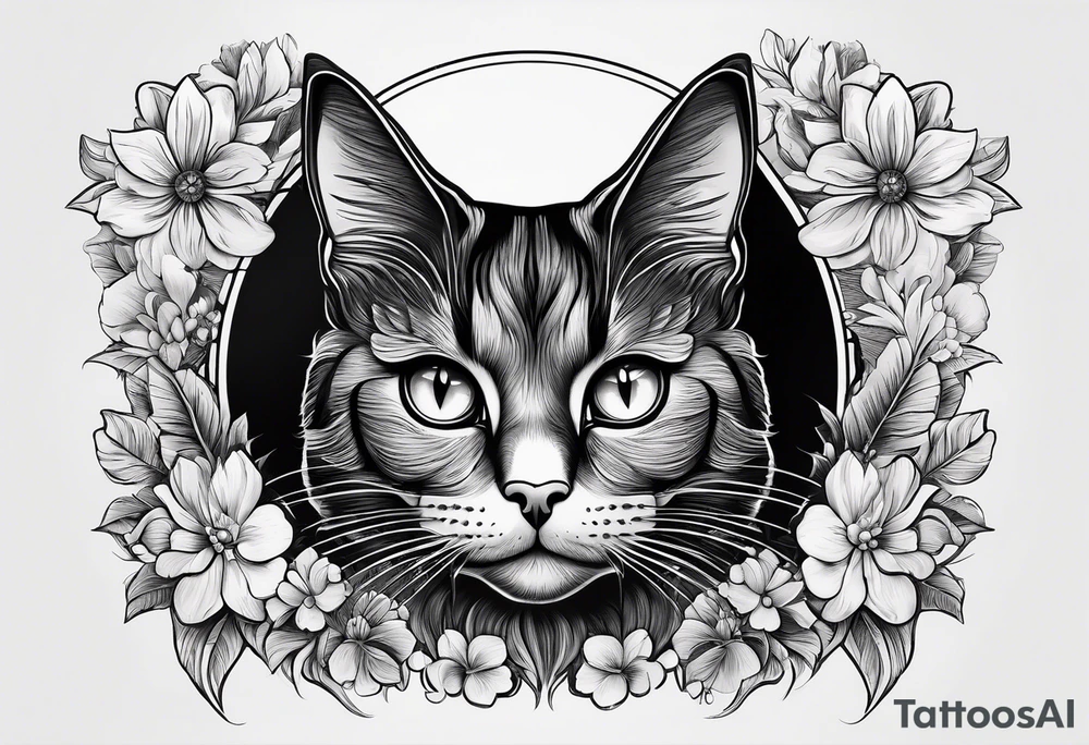 Photo realistic black cat head only facing forward add flowers shaped in a crescent moon facing sideways tattoo idea