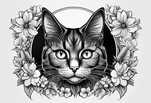 Photo realistic black cat head only facing forward add flowers shaped in a crescent moon facing sideways tattoo idea