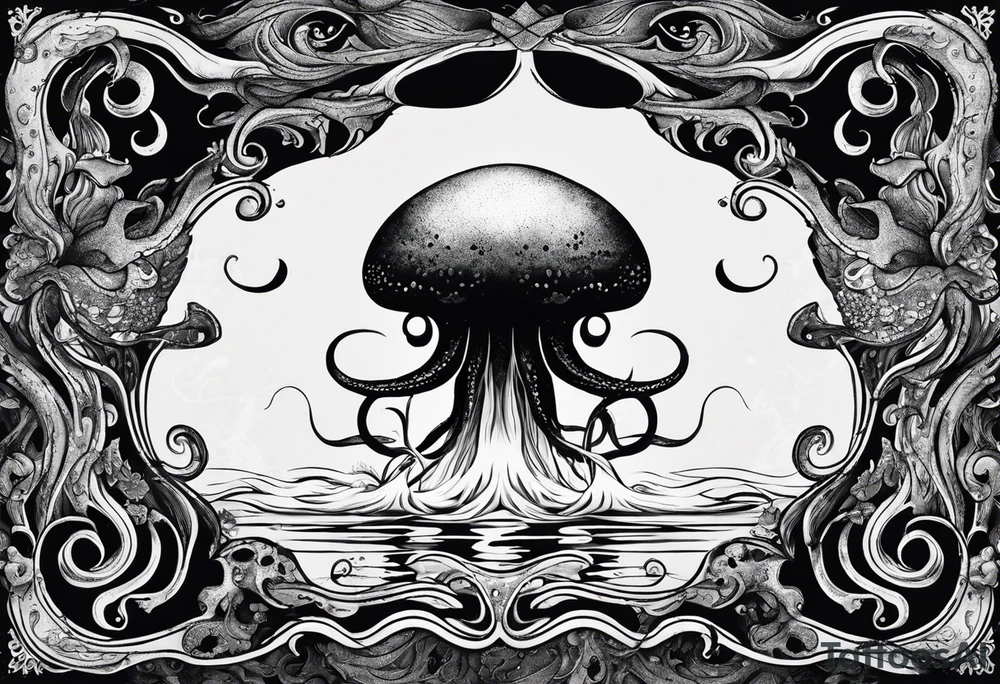 A visual representation of the horror squid concept, showing the squid becoming invisible in ink, its body turning black to blend in with its deep sea environment. The overall environment is dark, creating an eerie underwater atmosphere. tattoo idea