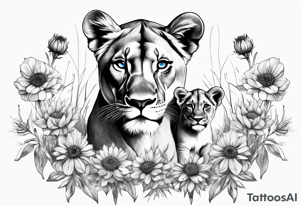 Lioness with three cubs. Blue eyes. Surrounded with cornflowers. tattoo idea