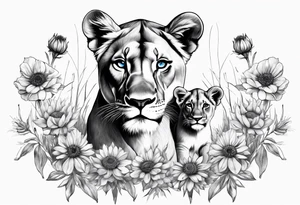 Lioness with three cubs. Blue eyes. Surrounded with cornflowers. tattoo idea