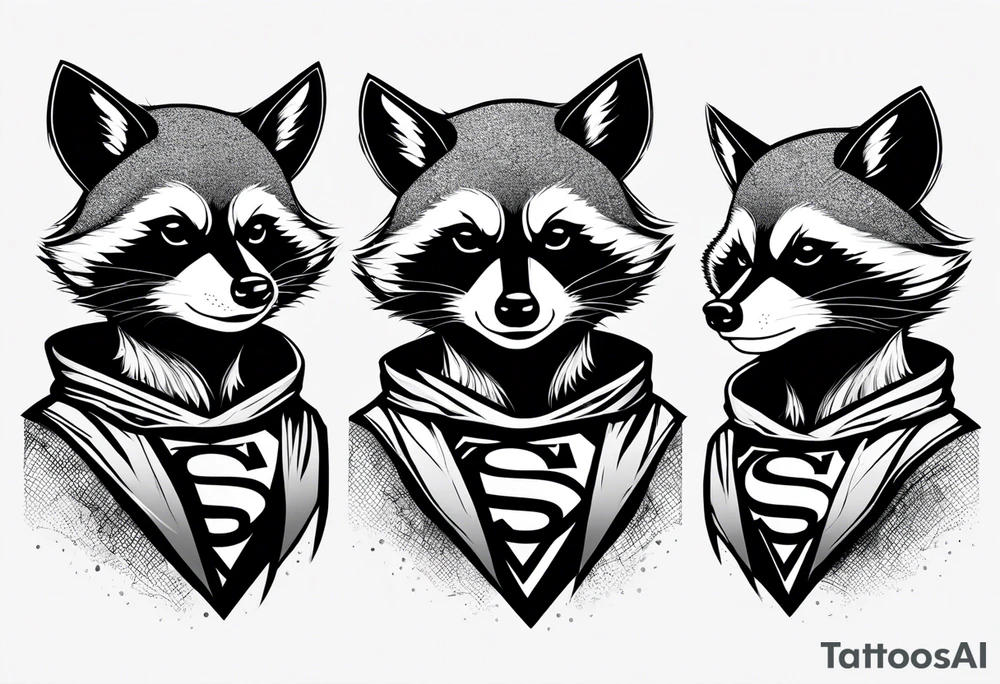 raccoon wearing a Superman hoodie tattoo idea
