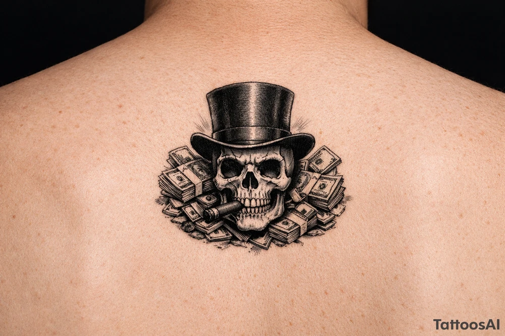 skull with cigar in mouth,top-hat,surrounded by money. tattoo idea