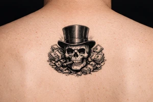 skull with cigar in mouth,top-hat,surrounded by money. tattoo idea