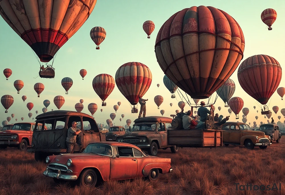 in a very steam punk vibe i want you to make a picture of a bunch of old beat up cars with people lounging in them and garbage and junk all up in and on them, tied to hot air balloons floating in the sky right about dusk and they are as far as the eye can see i want the cars to be floating as if they were the basket to the hot air balloons and the hot air balloons are all different colors and patterns and some are old and patched and i dont want to see the ground at all  i want this to be a scene that is up in the sky with them all floating under the balloons like it is in a dream and every single balloon in the picture is attached to a different old car, and some of the cars you can see people kicked back with thier feet out the window and stuff on the dash of the car, and some with people hanging an arm out hte window some have cigarrette smoke coming out the window, and the balloons all are different tattoo idea