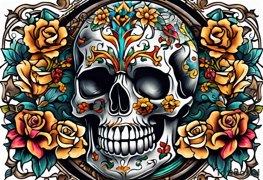 Old school center Knee tattoo with skulls, various flowers, water shapes and fall colors tattoo idea