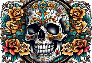 Old school center Knee tattoo with skulls, various flowers, water shapes and fall colors tattoo idea