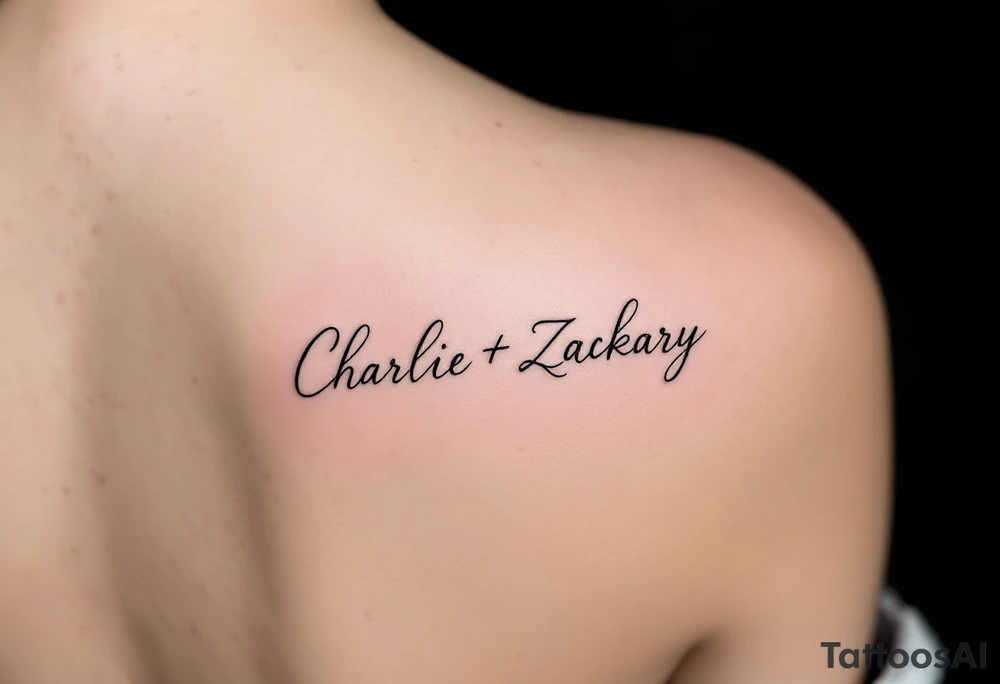 Create a small, elegant tattoo design that incorporates the names "Charlie" and "Zackary" in delicate, flowing cursive. Enclose the names inside a larger, refined symbol to represent unity and protection. Integrate gentle accents tattoo idea