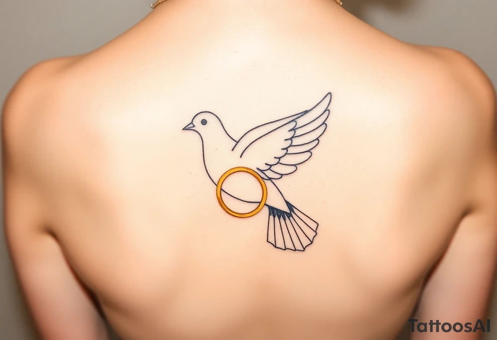 A collared dove with a golden wedding ring clasped in its talons, in a soft golden hue with the dove in pale gray and white, symbolizing commitment and eternal love tattoo idea