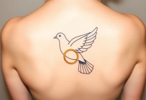 A collared dove with a golden wedding ring clasped in its talons, in a soft golden hue with the dove in pale gray and white, symbolizing commitment and eternal love tattoo idea