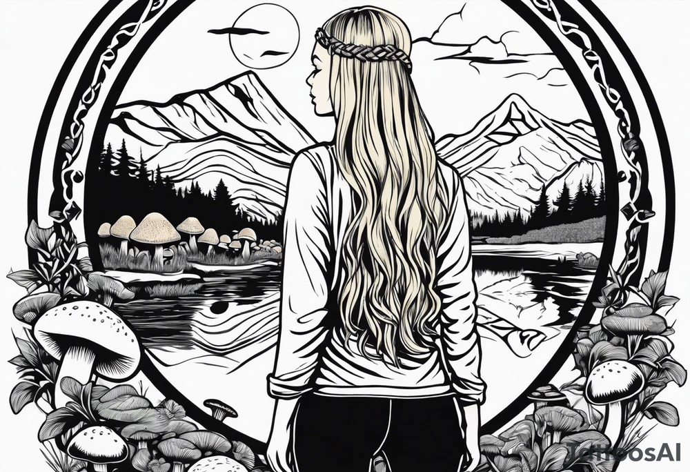 Whole picture encircled fully

Straight long blonde hair hippie girl in distance holding mushrooms in hand facing away toward mountains and creek surrounded by mushrooms long sleeve shirt and hiking pants; whole rendering within a full celtic circle, no cut off circle tattoo idea