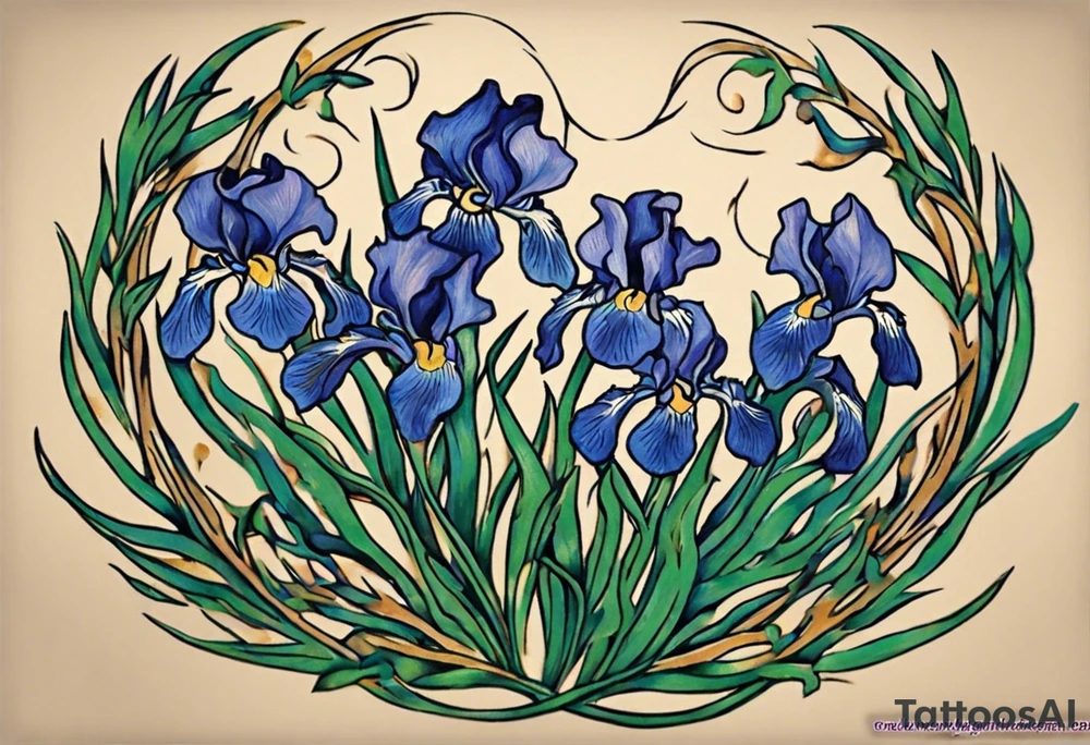 Create a small Vincent van Gogh Irises tattoo. The tattoo should take the form of a crescent, with vines gracefully intertwining at a central point in the middle of the wreath. Ensure that the design avoids the appearance of a bush and maintains a more structured and deliberate arrangement. The intended placement is on the upper chest. The overall design should be small in size while maintaining a delicate and artistic aesthetic. Pay attention to the graceful flow of the vines and the placement of the irises to achieve a refined and elegant look. tattoo idea