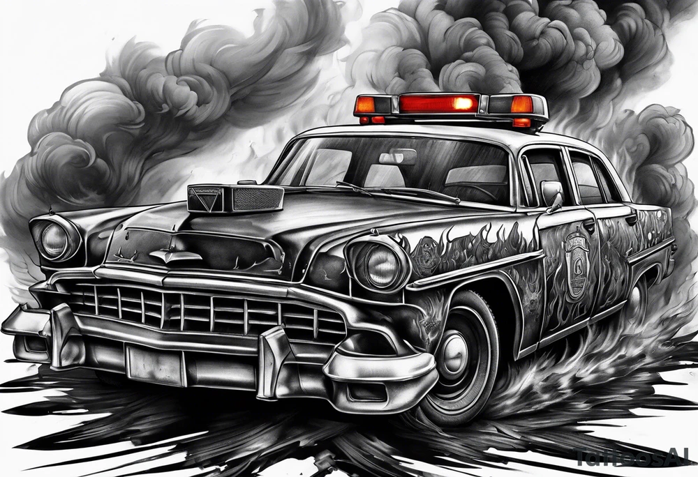 destroyed police car on fire, more realistic tattoo idea