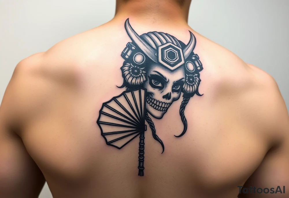 Samurai beauty  girl half face and half skeleton with a fan across her face tattoo idea