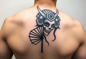Samurai beauty  girl half face and half skeleton with a fan across her face tattoo idea