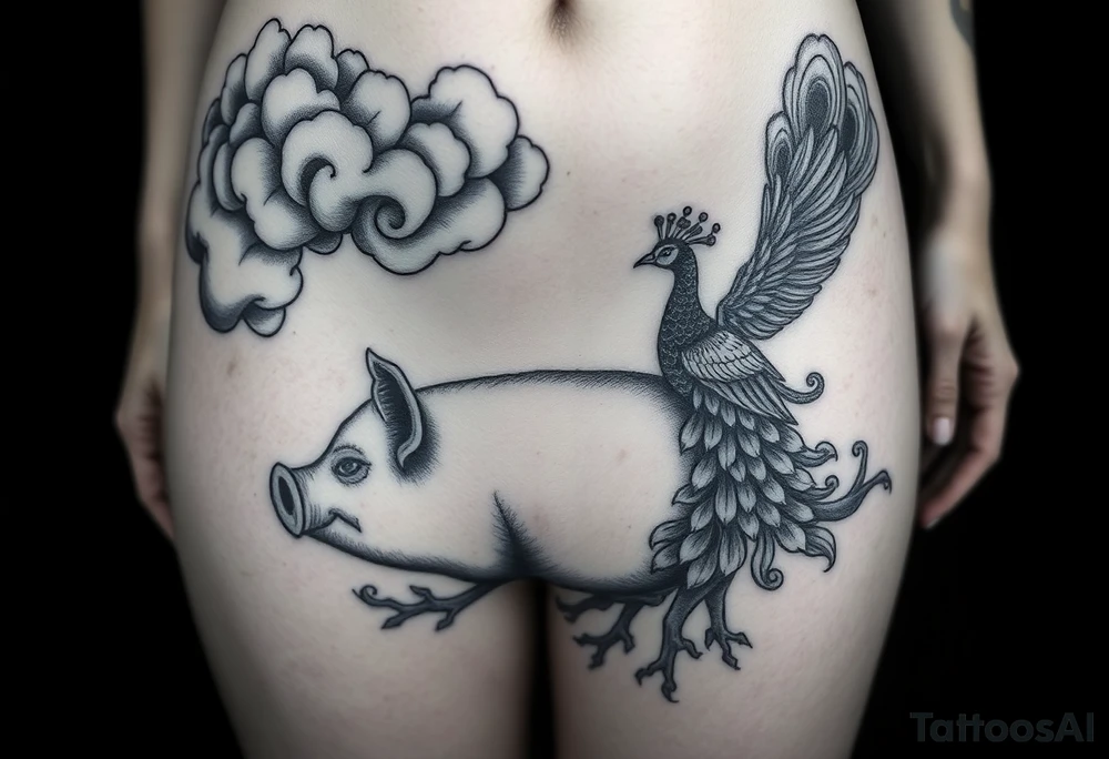 Storm clouds the word gluttony and sexy pig fat woman, peacock, money , envy, wrath, tattoo idea