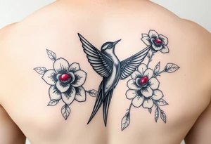 Swallow bird, flowers with ruby color tattoo idea