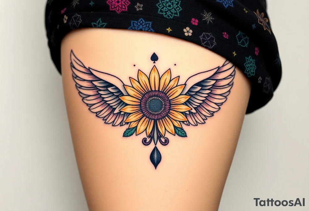 tattoo design incorporating a 2 of clubs, sunflower, wings, or halo tattoo idea