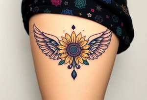 tattoo design incorporating a 2 of clubs, sunflower, wings, or halo tattoo idea