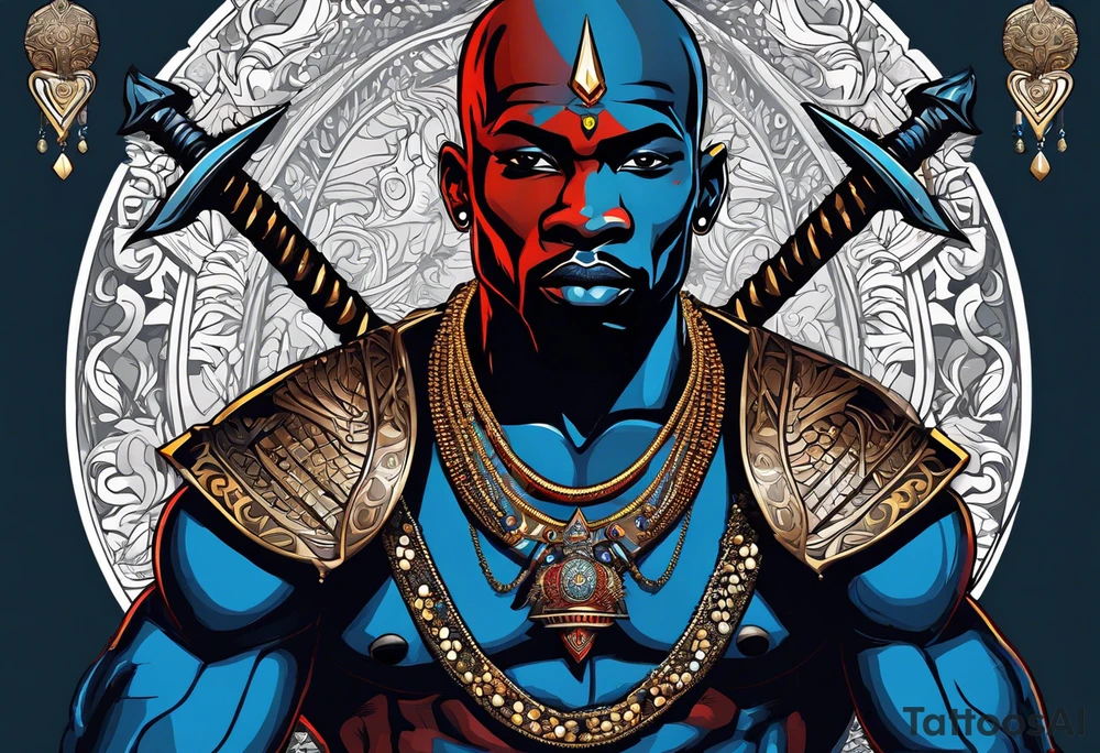 An african god, a bald black-skinned warrior, that uses a sword and a silver crown. He also uses blue and red necklaces tattoo idea
