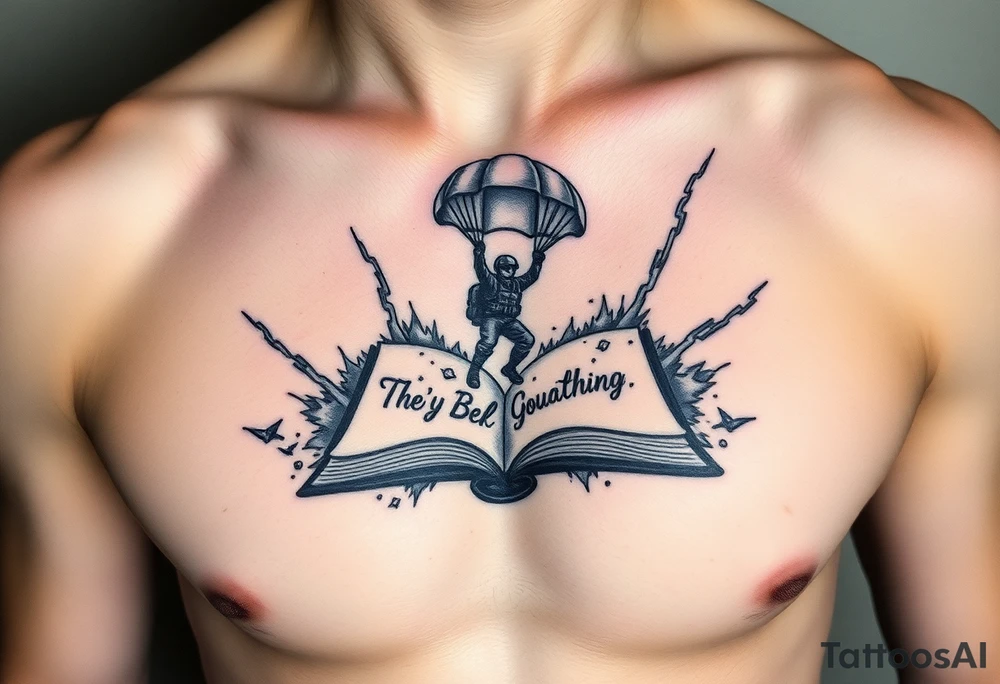 A parachuting soldier landing into an open book. Chaos surrounding, but the book is protecting the soldier from it. On the chest. Make the tattoo smaller. Make it thought provoking. Make the chaos in the environment be a thunderstorm. Make the pages in the book be blank and the book be decorated tattoo idea
