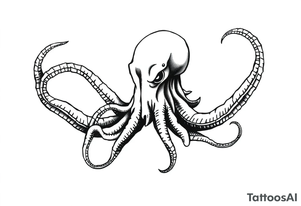 A minimalist blackwork tattoo design of an evil kraken The kraken is viewed from a 45-degree angle facing left, with its head centered. The tentacles extend only to the left and right, with none going downward beneath the head. the tentacles are quite long reaching to the left and right. The style is clean, fine-line detailing with bold outlines, avoiding heavy shading. The tentacles should be fluid, aggressive, and striking, enhancing the menacing and eerie look of the kraken while maintaining a cohesive design for a tattoo sleeve. tattoo idea