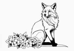 sitting fox, full body, realistic, hydrangeas tattoo idea